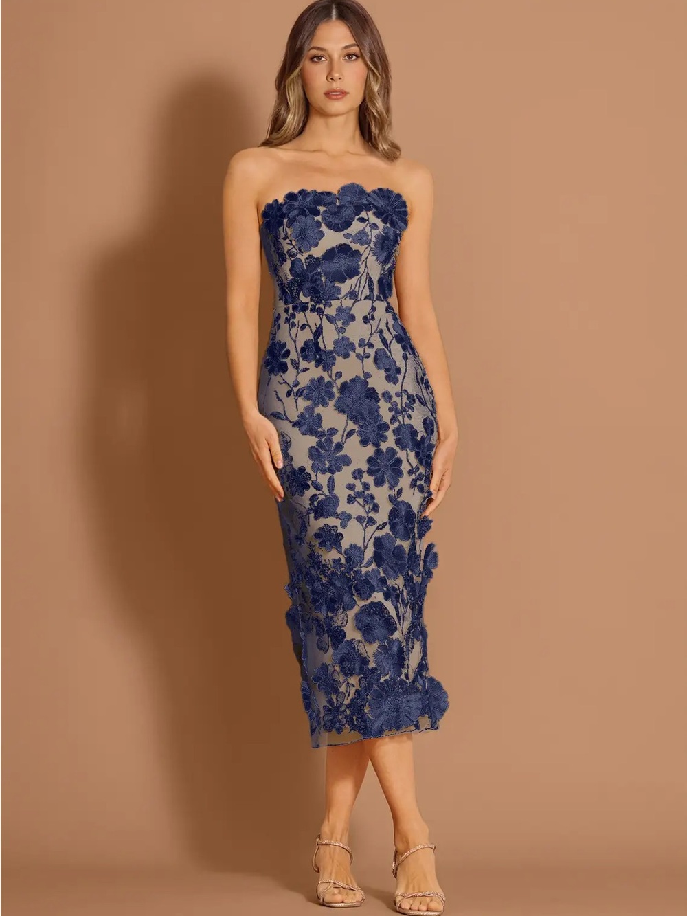 Strapless Della Navy Floral Lace Midi Dress NWT